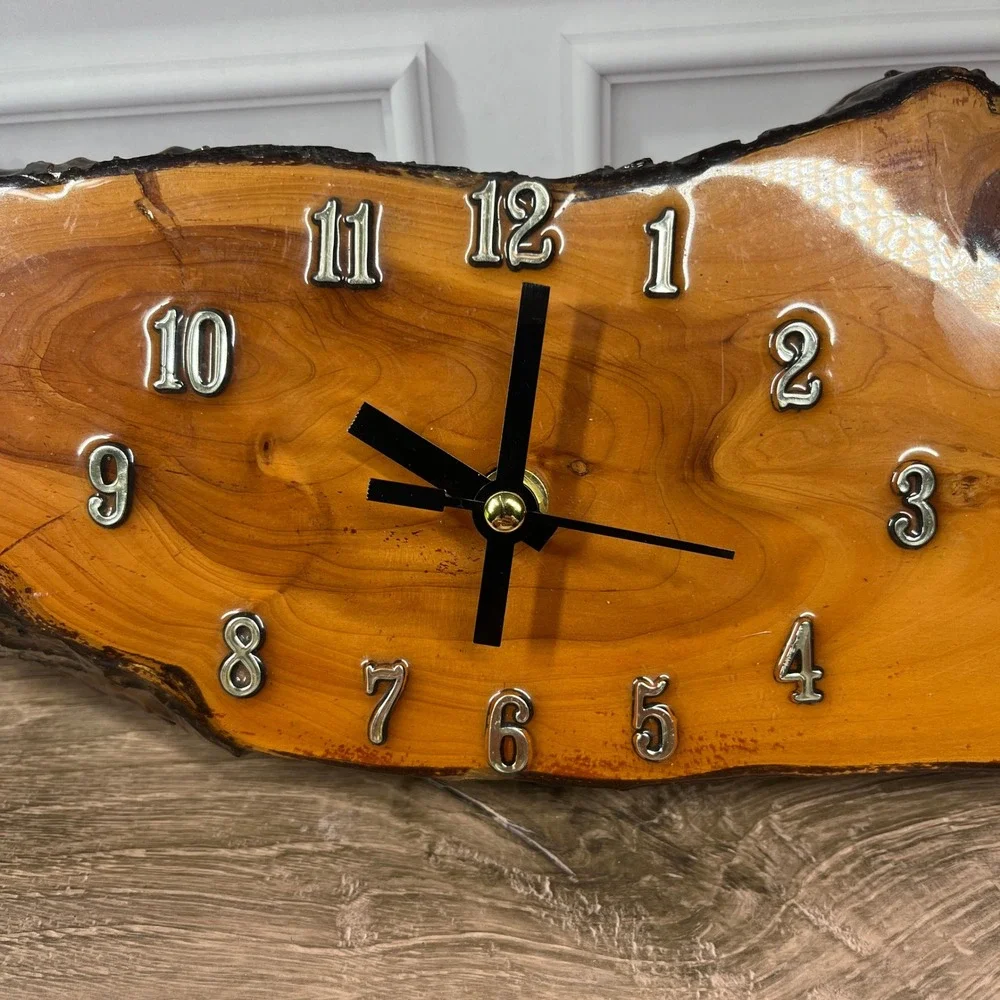 Live Edge Wood Epoxy Wall Clock Brown Glossy Resin Rustic Slab